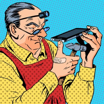 The repairman phones smartphone humour mechanic engineer gadgets programmer. A grown man with tools is holding a modern gadget, and is going to beat it with a hammer