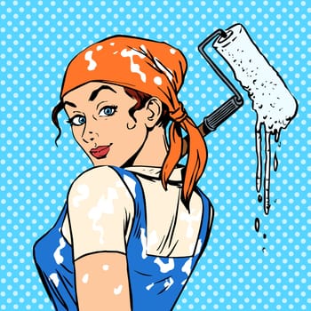 Girl painter profession paint job designer. Girl with roller for paint while working