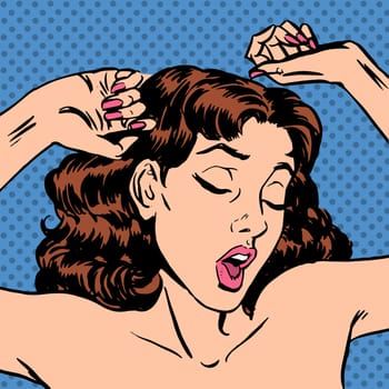 In the morning a woman wakes up in bed yawning after sleep. Girl bare hands emotions snooze lifting on work time, time to get up