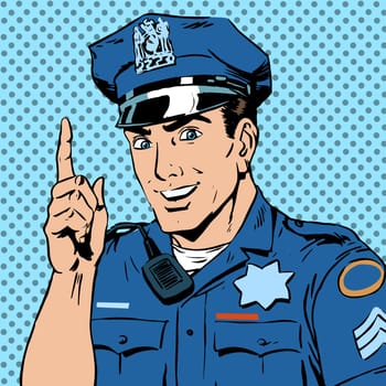 A police officer warns draws the attention of the profession the man smile law and order. The man is encouraged to follow the rules