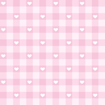 Seamless vector checkered pattern or grid texture with white hearts for web design, desktop wallpaper or culinary blog website. Sweet pink valentines background full of love.