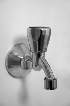 Close-up of a water tap on a white wall.