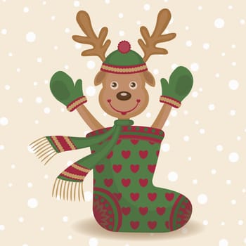 Christmas background and surprise with cartoon deer. Colorful vector illustration.
