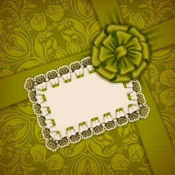 Elegant template luxury invitation, gift card with lace ornament, ribbon & place for text. Floral elements & ornate background Vector illustration EPS 10