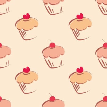 Seamless vector pattern or tile texture with little cupcakes, muffins, sweet cake cherry and red heart on top. Background with sweets for valentines, wallpaper, desktop or culinary blog website