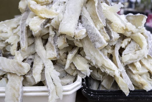 Detail of dried fish with salt in a market, healthy food