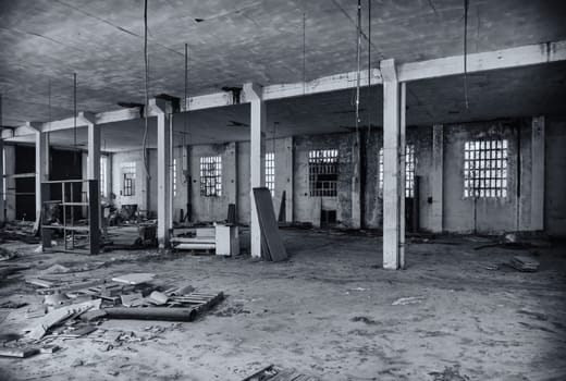 Detail of the interior of an old factory in ruins and abandonment