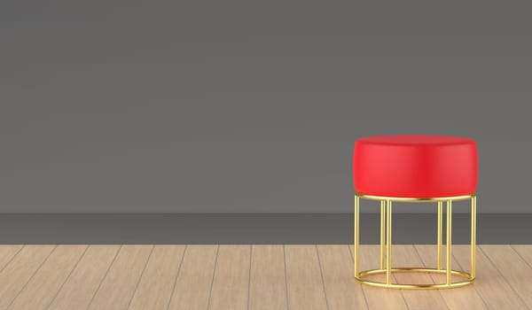 Red leather stool with golden legs in the room