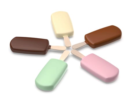 Group of different chocolate ice creams on white background
