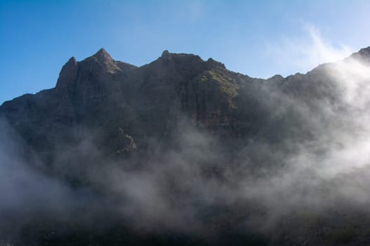 Fog in the green Teno Mountains near Masca on the Canary Island of Tenerife, Spain