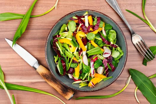 Healthy salad bowl with vegetables and bear leek or wild garlic on a rustic wooden board.