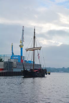 Wismar, Germany, September 10, 2022 - seaport and a Viking excursion ship in the historic Hanseatic city of Wismar, on the Baltic Sea coast Mecklenburg -Western Pomerania in Germany