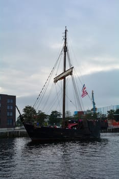 Wismar, Germany, September 10, 2022 - seaport and a Viking excursion ship in the historic Hanseatic city of Wismar, on the Baltic Sea coast Mecklenburg -Western Pomerania in Germany