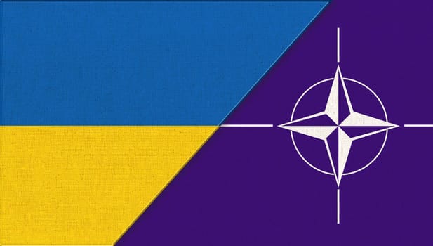 Ukraine and NATO flags. Flag of Ukraine and NATO. Ukrainian and NATO (North Atlantic Treaty Organization) flag. Flag of Ukraine and NATO. Ukrainian flag on fabric surface. Nothern military block