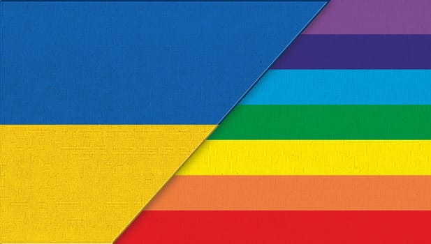 Flag of Ukraine and LGBT- 3D illustration. Two Flags Together. National symbol of Ukraine and multicolored flag of sexual diversity. Ukrainian flag and symbol of sexual minorities multicolored flag
