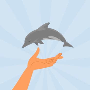 conceptual illustration of small dolphin over human hand