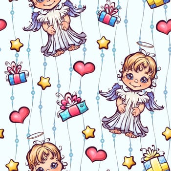 Vector seamless pattern with cartoon angels and gift boxes.