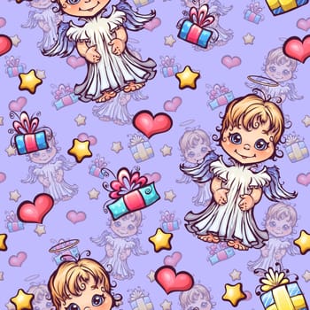 Vector seamless pattern with cartoon angels and gift boxes.