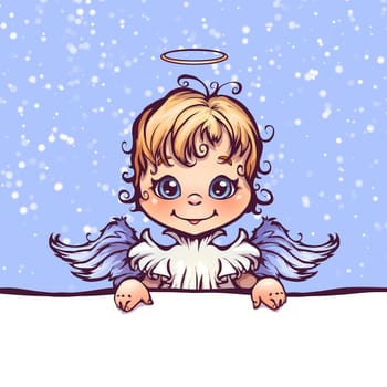 Vector illustration of cute angel with panel for text.