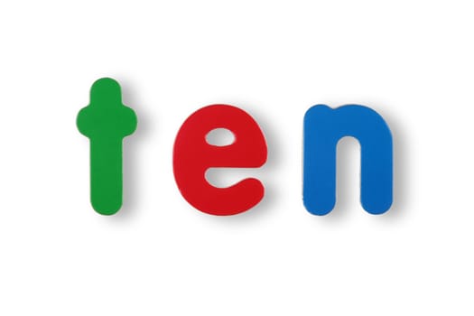 Ten word in coloured magnetic letters on white with clipping path concept