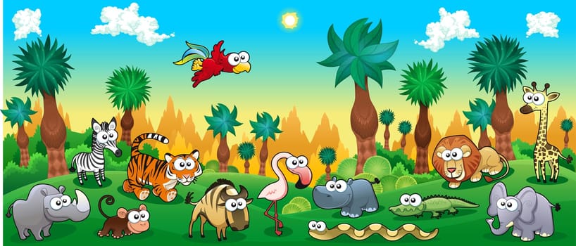 Green forest with funny wild animals. Vector cartoon illustration.