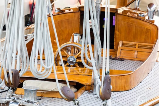 Luxury yacht. Comfortable expensive wooden design and furniture for holiday recreation tourism or travel and wealth concept