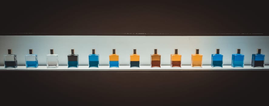Parfume bottles collection. Series of glass containers, cosmetic product concept