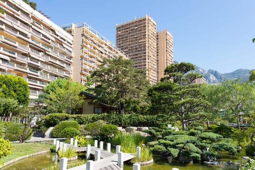 Monte Carlo - August 2022: Japanese garden with the city in the background