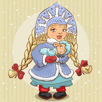 Snow Maiden in blue fur coat holds a lamb. Illustration in vector format