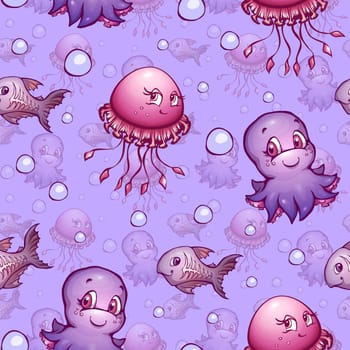 Vector seamless pattern with sea cute animals.