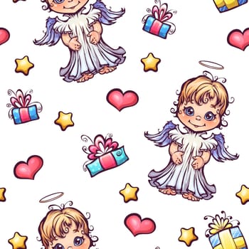 Vector seamless pattern with cartoon angels and gift boxes.