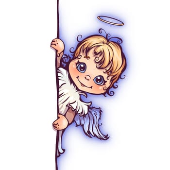 Vector illustration of cute angel with panel for text.
