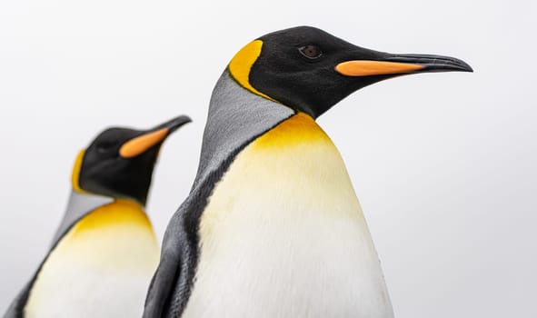 Lateral close-up of the head of a pretty king penguin, cropped against a white background