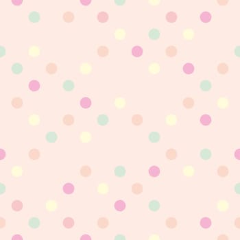 Colorful pastel polka dots on baby pink background - retro seamless pattern for backgrounds, blogs, www, scrapbooks, party or baby shower invitations and wedding cards.