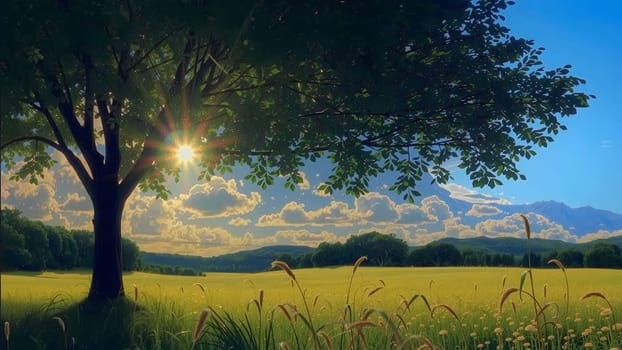 The large tree stands in a field of grass with a few flowers scattered around it