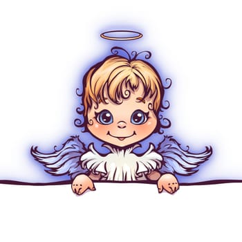 Vector illustration of cute angel with panel for text.