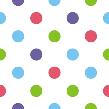 Seamless vector pattern, texture or background with colorful - pink, green, blue and navy - vintage polka dots on white for web design, blog, website, wallpaper or other design element.