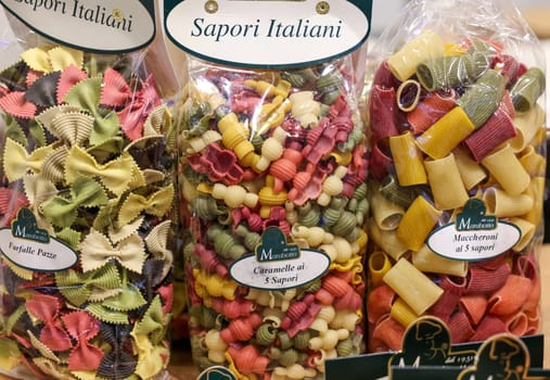 Cracow, Poland - November 3, 2021: Variety of types, shapes and colors of Italian pasta at Enoexpo and Gastrofood - Trade Fair for Food and Drinks for Catering