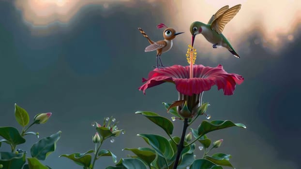The hummingbirds and Robot Birds in flight on the ping flower