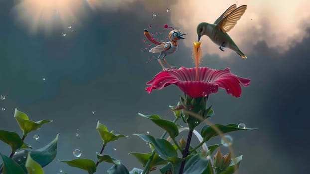 The hummingbirds and Robot Birds in flight on the ping flower