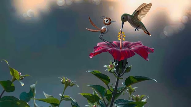 The hummingbirds and Robot Birds in flight on the ping flower