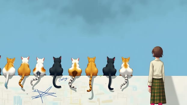 The Girl and cats watching sunset together, AI generated