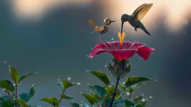 The hummingbirds and Robot Birds in flight on the ping flower