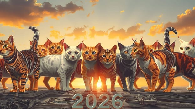 The cats in a row. Many Cats sitting in a row