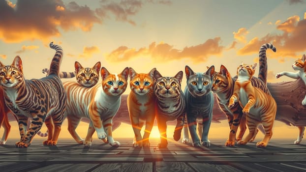 The cats in a row. Many Cats sitting in a row