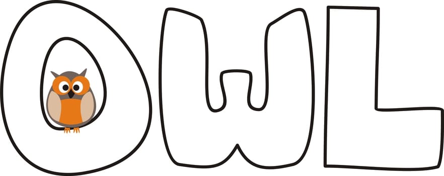 O is for owl - vector illustration with funny staring owl sitting on hand drawn doodle word. Cute, cartoon symbol of wisdom draft for learning words and school coloring book.