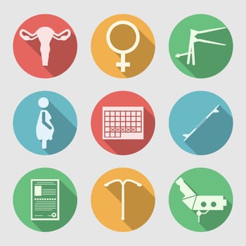 Set of colored circle flat vector icons with white silhouette symbols for Obstetrics and Gynecology on gray background.