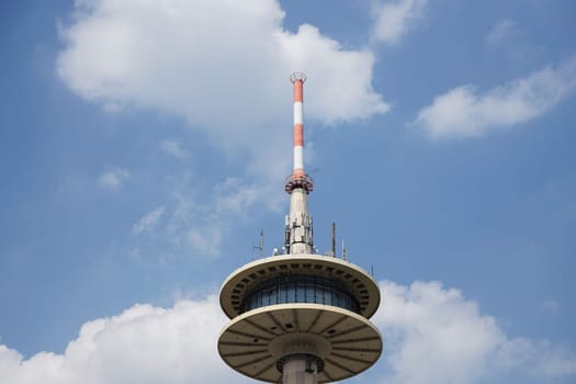 Low angle of Telecommunication tower, type Fernmeldeturm FMT 13 in Essen, Germany