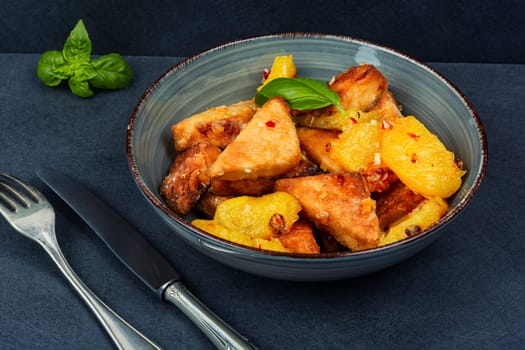 Healthy appetizer or tofu grilled with pineapple. Vegan meal