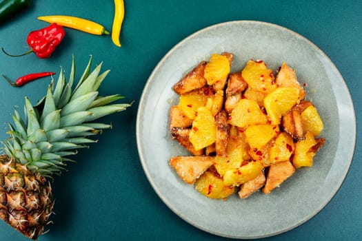 Healthy appetizer or tofu grilled with pineapple. Vegan meal